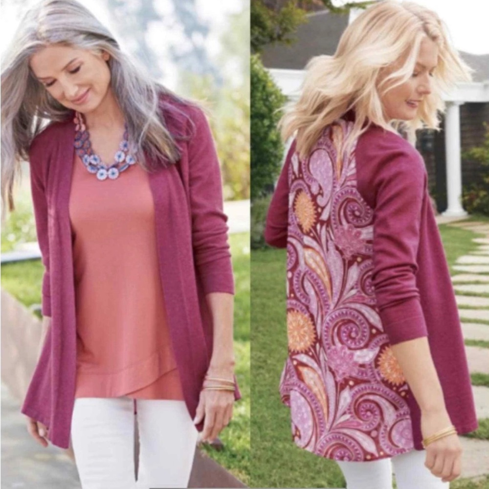 Soft Surroundings Pattern Back Maroon Burgundy Paisley Cardigan Size Medium
